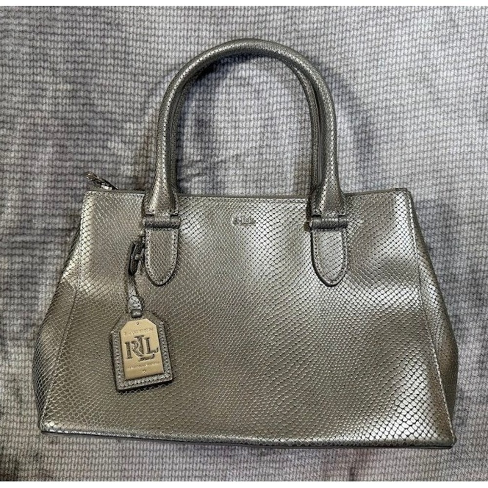 Lauren Ralph Lauren Metallic Pewter Snakeskin Embossed Satchel Handbag Silver RL